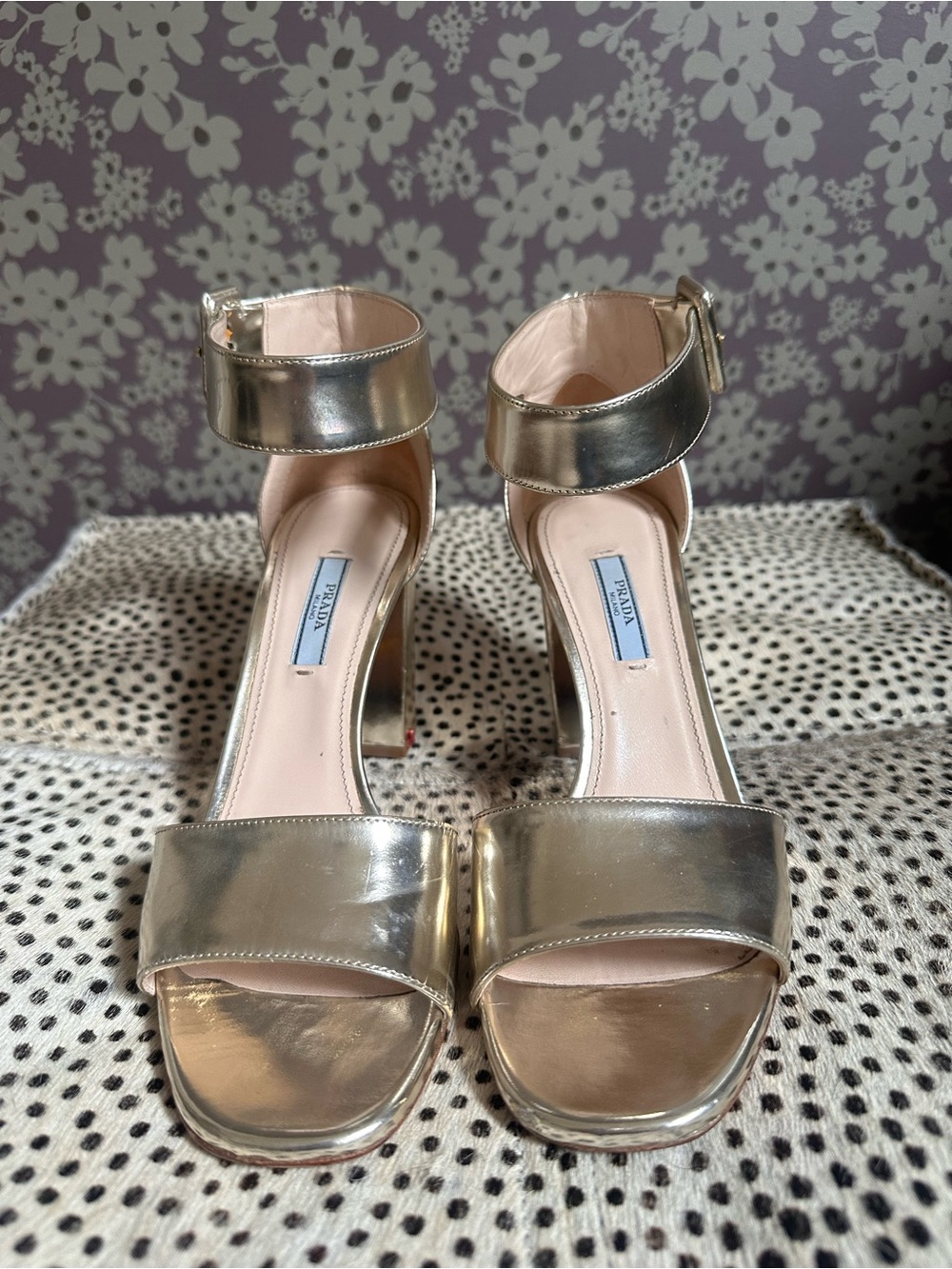 Prada Metallic Gold Ankle-Strap High Heels